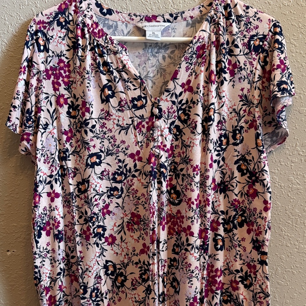 Liz Claiborne Women's Floral Blouse - Pink and Navy